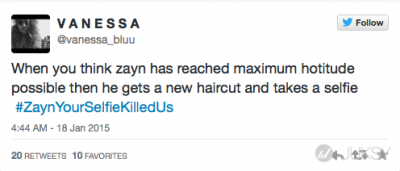 One Direction 成員 Zayn Malik 在Twitter 上公佈了新髮型照後 女歌迷用「#殺了我吧」分享了他的自拍照